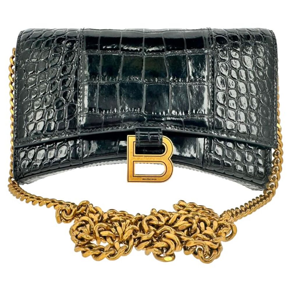 Balenciaga Croc Embossed Hourglass Wallet on Chain in Black Leather